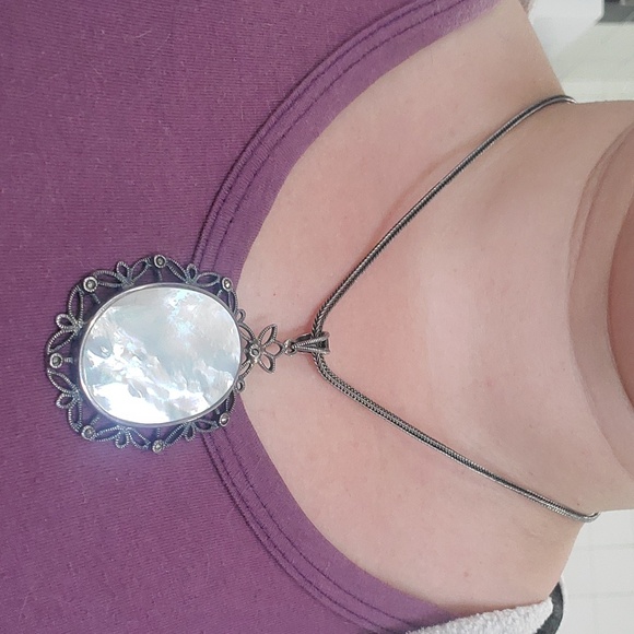 Sterling Silver Mother of Pearl and Marcasite Necklace - Picture 2 of 7